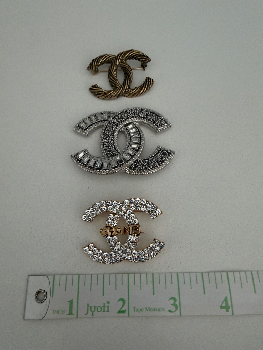 Gold and Silver Crystal Interlocking CC Brooch Set - Picture 3 of 4